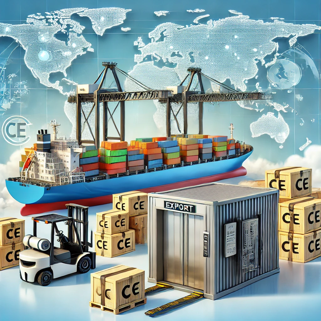 DALL·E 2025-01-25 14.10.17 - A professional illustration showcasing an export process for elevator systems. The image features a modern port with a container ship being loaded wit